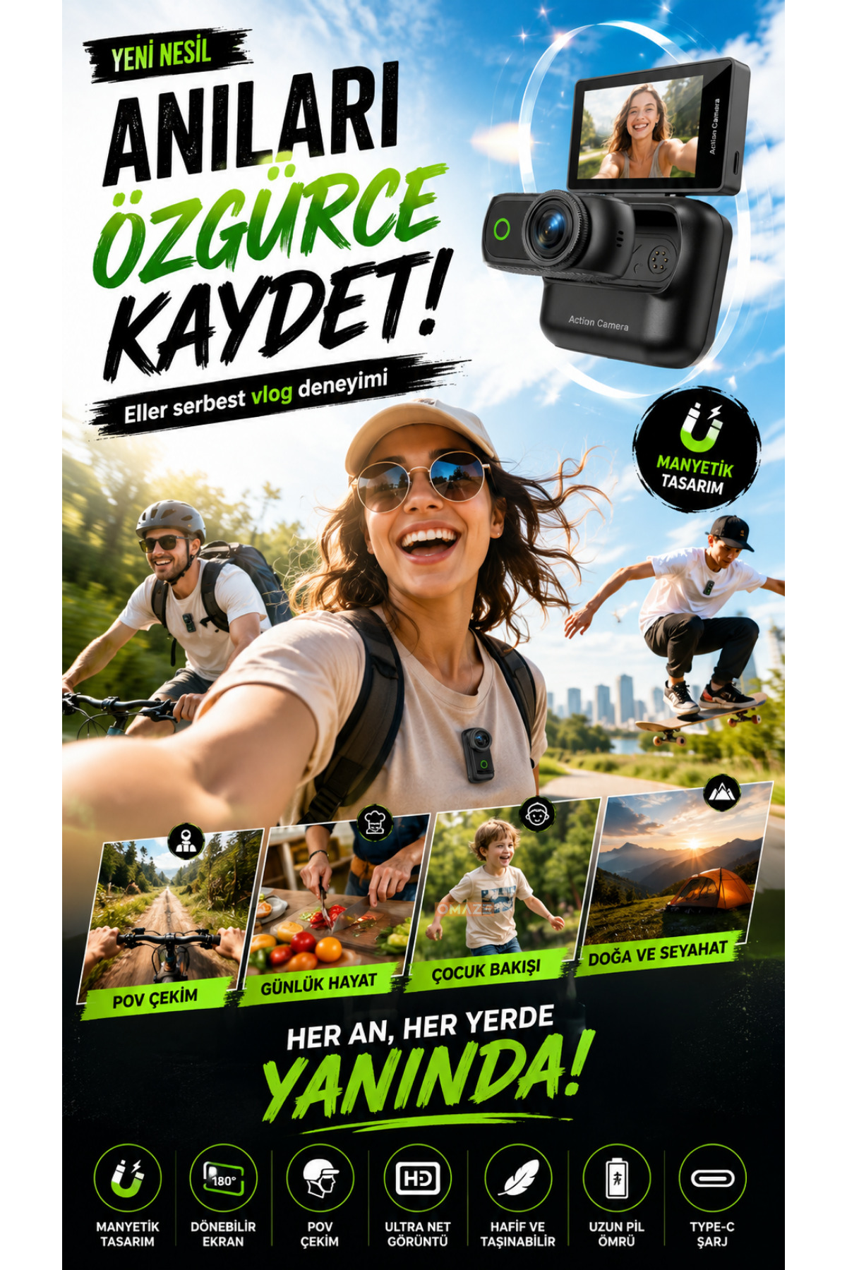 4K Ultra HD Hareketli Ekranlı Profesyonel Aksiyon Kamerası Manyetik Tutuş Flip Ekran Full Aparat